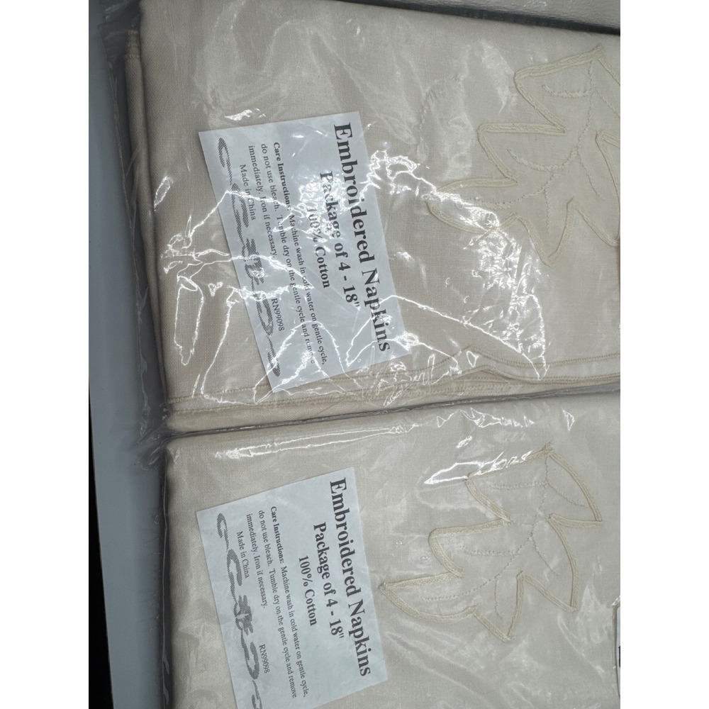 New Embroidered Cotton Napkins Set of 4 Cream Ivory Leaf 18 Inch RN99098